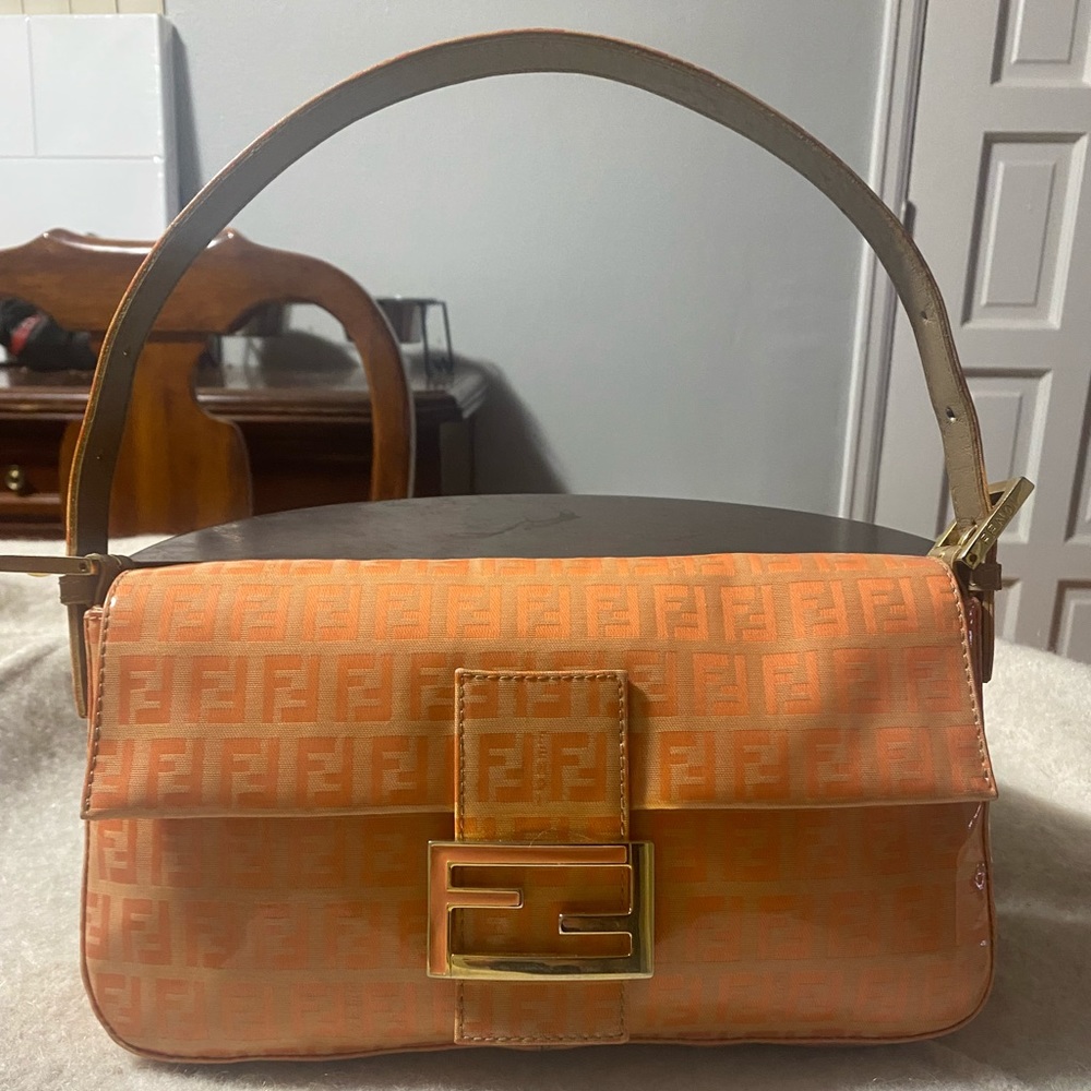 Vintage Peach/Orange Patent Leather FENDI Zucca Baguette handbag